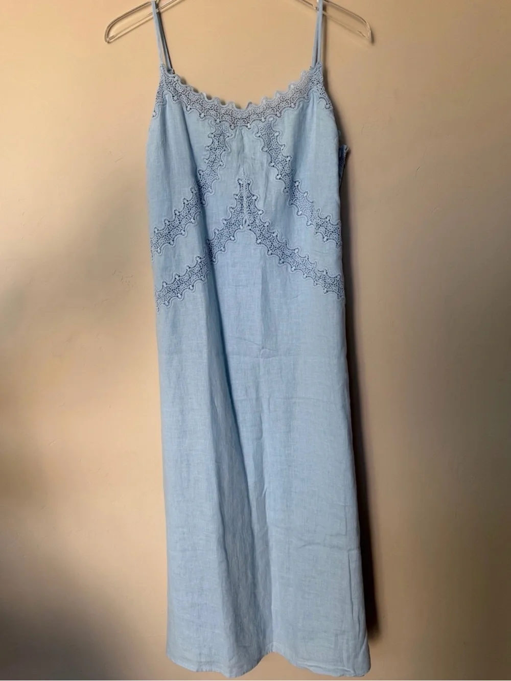 J. Crew 90’s Inspo Minimal Blue Coastal Lace Trim Linen Slip Midi Dress 10